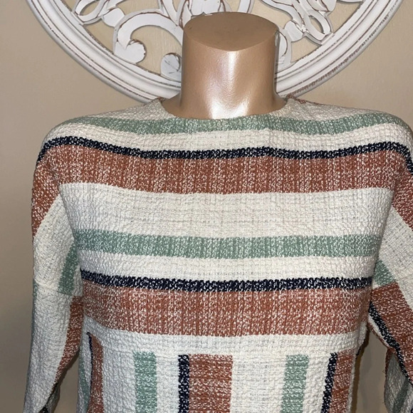 Billy Reid womens dress XS 0 2 mini stripe cream tan short sleeve stretch flax - Picture 2 of 9